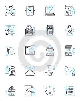 Multilevel advertising linear icons set. Pyramid, Downline, Nerk, Distributor, Commission, Compensation, Recruit line photo