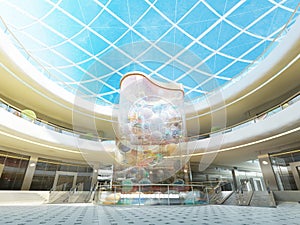 Multilevel Megamall hall with glass roof and a fountain.