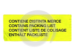 multilingual contains packing list label isolated over white photo