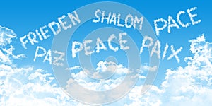 Multilingual peace message with cloud fonts on blue heaven background