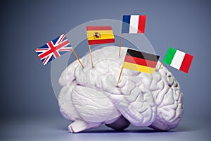 Multilingual smart brain concept, many European flags