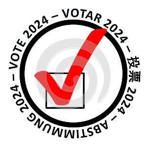 Multilingual Vote 2024 illustration of a circle around a box with a red check mark.