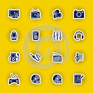 Multimedia computer icon set isolated on yellow