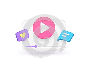 Multimedia content browse video audio play button social media network app 3d icon realistic vector photo