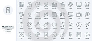 Multimedia content, equipment and entertainment thin line icons set, library mobile app