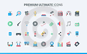 Multimedia content, equipment and entertainment trendy flat icons set, library mobile app
