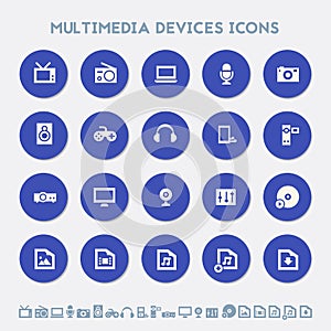 Multimedia devices icon set. Material circle buttons