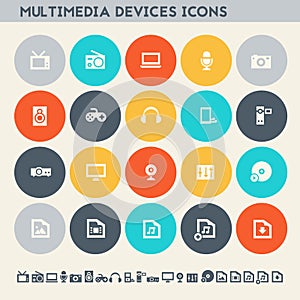 Multimedia devices icon set. Multicolored flat buttons