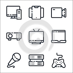 multimedia and electronic line icons. linear set. quality vector line set such as joystick, server, microphone, laptop, television