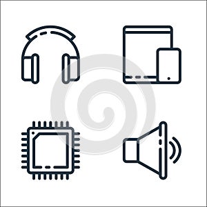 Multimedia and electronic line icons. linear set. quality vector line set such as audio, processor, tablet