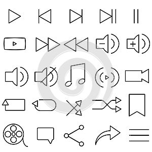 Multimedia flat icons set, music and video player tool symbols, simple line icons