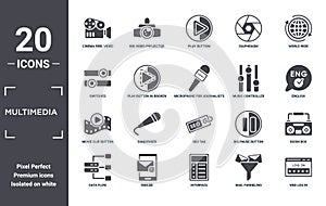 multimedia icon set. include creative elements as cinema reel video camera, world wide, music controller, seo tag, mailed, movie