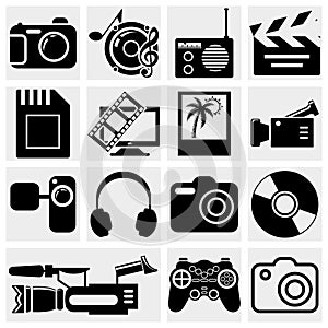 Multimedia icons: photo, video, music vector set