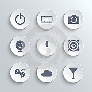 Multimedia icons set - vector white round buttons