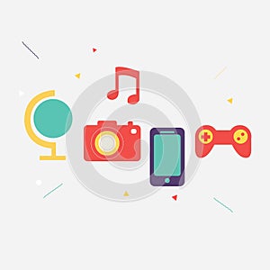 Multimedia icons set for web vector.Camera , game , music