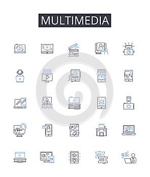 Multimedia line icons collection. Interactive media, Digital content, Audiovisual, Mixed media, Visual aids, Electronic