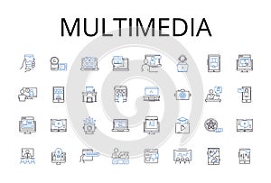 Multimedia line icons collection. Interactive media, Digital content, Audiovisual, Mixed media, Visual aids, Electronic