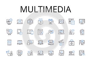Multimedia line icons collection. Interactive media, Digital content, Audiovisual, Mixed media, Visual aids, Electronic