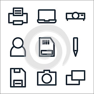 multimedia line icons. linear set. quality vector line set such as copy, camera, save, pencil, ram, user, video projector, laptop