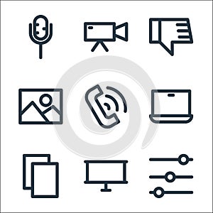 multimedia line icons. linear set. quality vector line set such as equalizer, banner, copy, laptop, telephone, image, unlike,