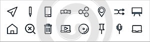 multimedia line icons. linear set. quality vector line set such as laptop, pin, movie player, home, shuffle, phone, share, pencil