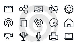 multimedia line icons. linear set. quality vector line set such as laptop, voice, video camera, printer, microphone, disc, mute,