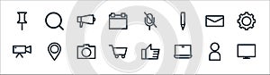 multimedia line icons. linear set. quality vector line set such as monitor, laptop, cart, video camera, mail, megaphone, mute,