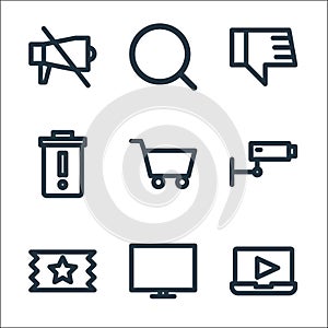 multimedia line icons. linear set. quality vector line set such as movie player, monitor, ticket, cctv, cart, remove, unlike,