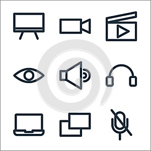 multimedia line icons. linear set. quality vector line set such as mute, copy, laptop, headphones, sound, eye, play, video camera