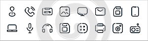 Multimedia line icons. linear set. quality vector line set such as radio, printer, floppy disc, laptop, tape, monitor, call