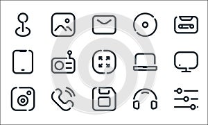 Multimedia line icons. linear set. quality vector line set such as settings, floppy disc, camera, headphones, call, tablet, laptop