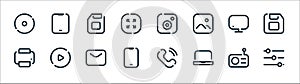 Multimedia line icons. linear set. quality vector line set such as settings, laptop, smartphone, printer, monitor, camera, tablet