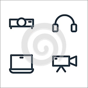 Multimedia line icons. linear set. quality vector line set such as video camera, laptop, headphones