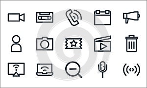 multimedia line icons. linear set. quality vector line set such as wifi, search, computer monitor, microphone, laptop, user, play