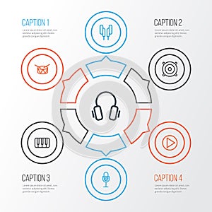 Multimedia Outline Icons Set. Collection Of Amplifier, Keys, Earphones And Other Elements. Also Includes Symbols Such As