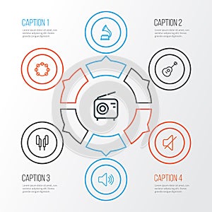 Multimedia Outline Icons Set. Collection Of Strings, Timbrel, Phonograph And Other Elements. Also Includes Symbols Such