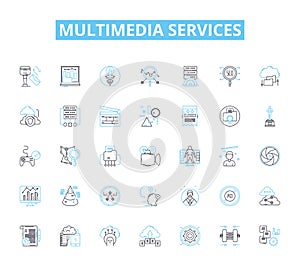 multimedia services linear icons set. Animation, Audio, Branding, Cinematography, Content, Design, Editing line vector