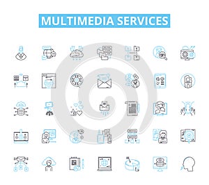 multimedia services linear icons set. Animation, Audio, Branding, Cinematography, Content, Design, Editing line vector