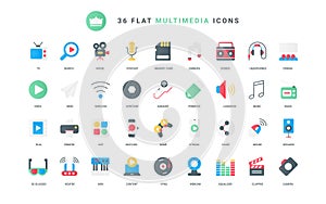 Multimedia technology, TV, video and music, cinema production trendy flat icons set