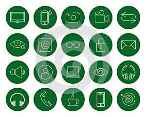 Multimedia for the user, a set of twenty monochrome round linear icons, color change in one click, flat style