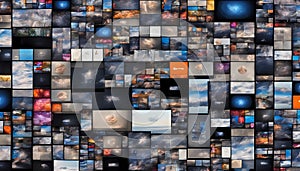 Multimedia video wall featuring images a variety of TV screens, monitor, and backdrop