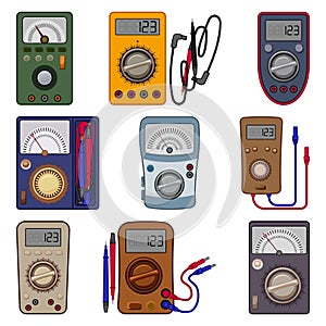 Multimeter icons set cartoon vector. Digital voltmeter