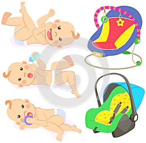 Multinational children, kids playing, baby care objects, newborn items supplies, set of icons