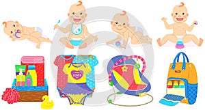 Multinational children, kids playing, baby care objects, newborn items supplies, set of icons