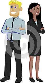 Multinational couple of office workers standing with arms across back to back
