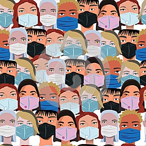 Multinational crowd wearing protective face mask seamless pattern