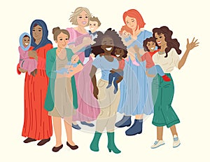 Multinational group of happy mothers hold babies in arms. Vector illustration