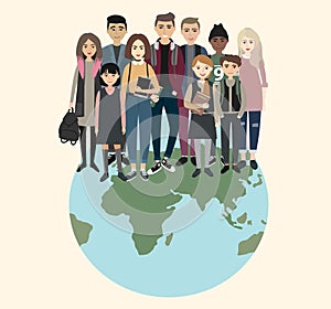 Multinational group of people standing on Earth. Young men, women and kids standing together on map. Society or