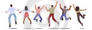 Multinational Happy People Jumping Raising And Waving Hands Rear View. Young Male And Female Characters Feel Happiness