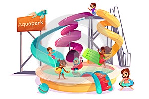 Multinational kids in water park cartoon vector